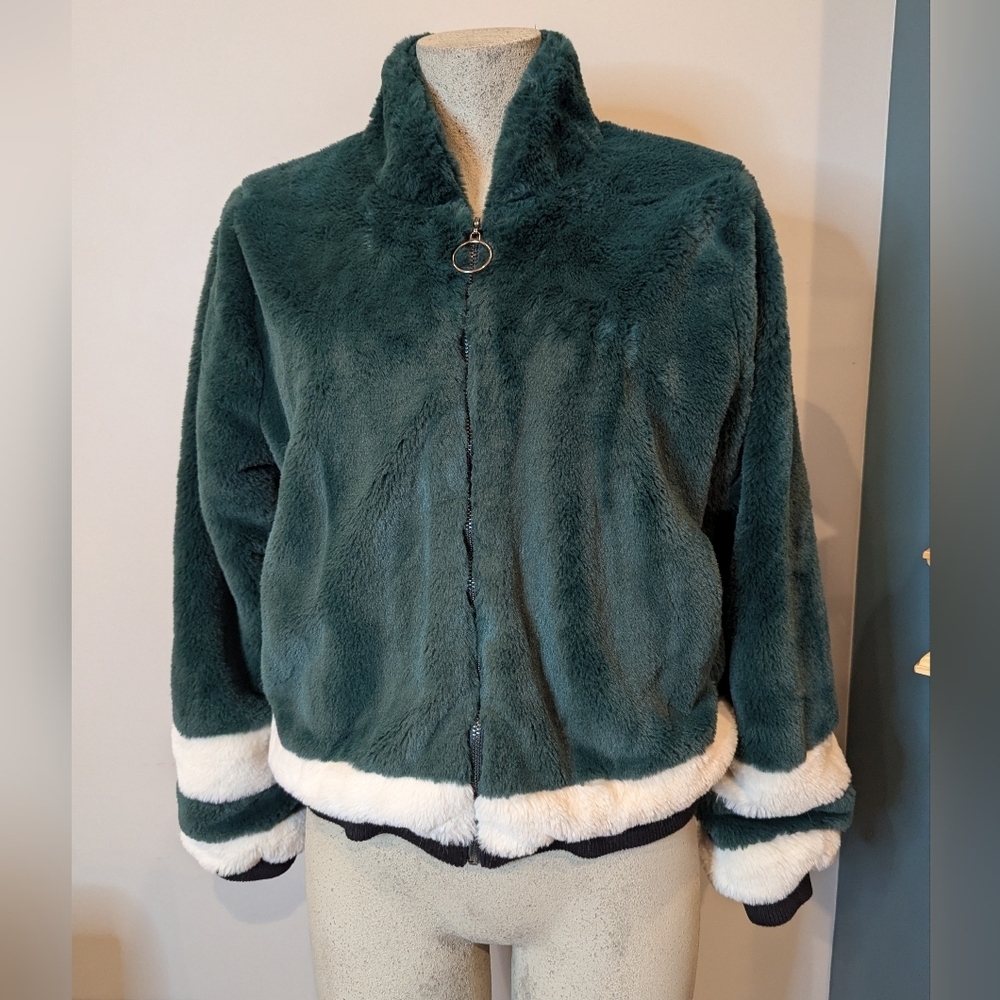 Vintage Sherpa Bomber Varsity Fleece Jacket Green Black White, As New Sz L
